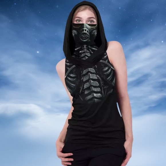 M Black goth sleeveless tank hoodie face mask top - Picture 2 of 9